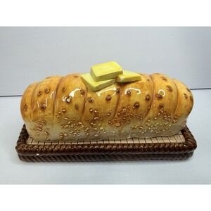 Dept 56 Jam-Bon Bread Loaf Covered Butter Dish Ceramic Tray Patisserie Vintage